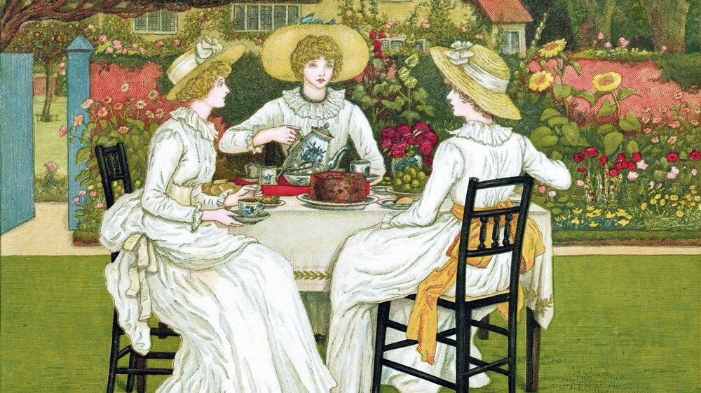 Afternoon Tea, 1886. Chromolithograph after Kate Greenaway. If you're looking for finger sandwiches, dainty desserts and formality, afternoon tea is your cup.